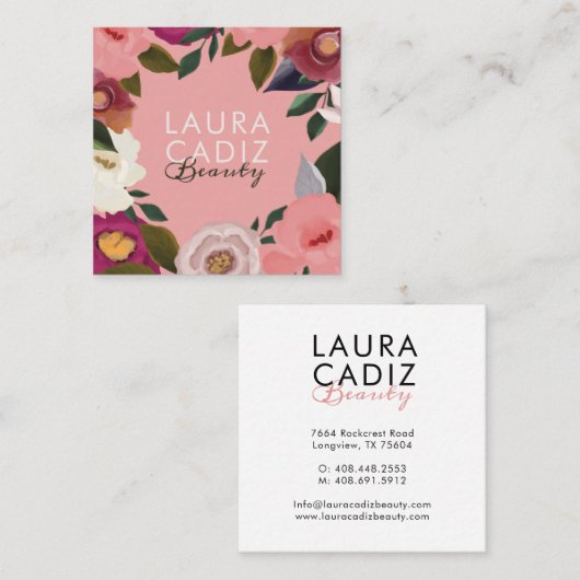 Moody & Elegant Waterverf Bloemen Arrangement Roze Vierkante Visitekaartje (Voorkant / Achterkant)