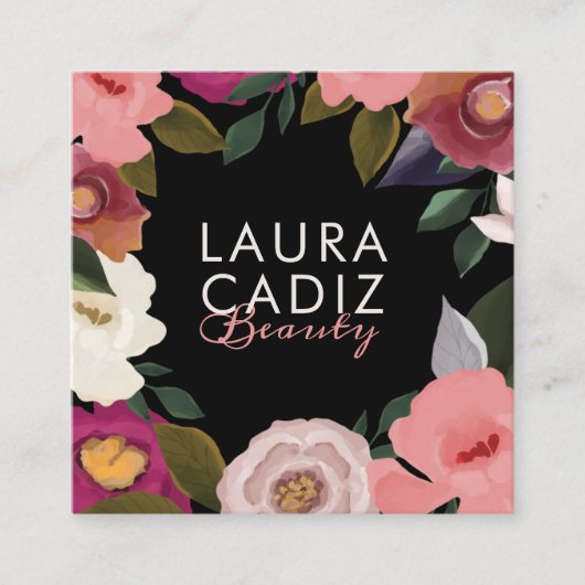 Moody & Elegant Waterverf Bloemenarrangement Zwart Vierkante Visitekaartje (Voorkant)