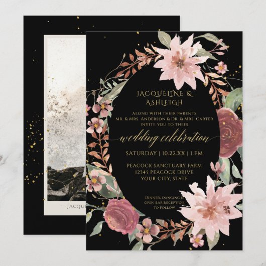 Moody Elegant Waterverf Flowers Black Blush Pink Kaart (Voorkant / Achterkant)