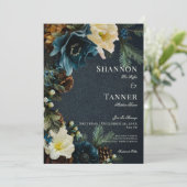 Moody Elegant Winter Blauw Bloemen Pine bruiloft Kaart (Staand voorkant)