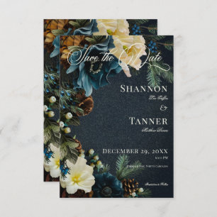 Moody Elegant Winter Blauw Bloemen Pine bruiloft Save The Date