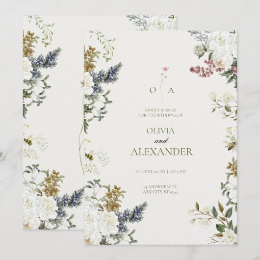 Moody Evergreen & White Rose Botanical Watercolor  Kaart (Voorkant / Achterkant)