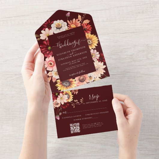 Moody Fall Burgundy Floral Dahlia Rustic OR Code All In One Uitnodiging (Afscheurbaar)