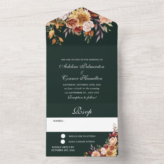 Moody Fall Wedding Emerald Green All In One Uitnodiging (Binnen)