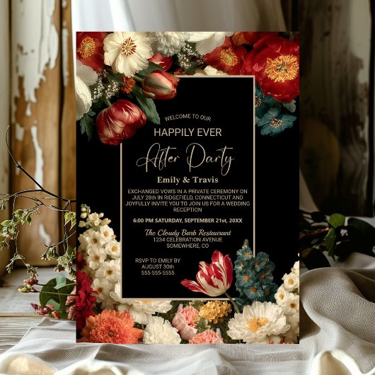 Moody Floral Black Happily Ever After Party Kaart