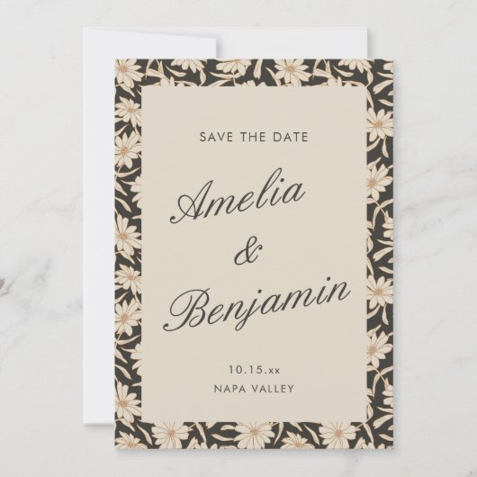 Moody Floral Black Ivory Script Wedding Save The Date (Voorkant)