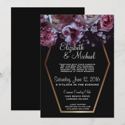 Moody Floral & Black Wedding Invitation Kaart (Voorkant / Achterkant)