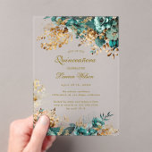 Moody Floral Blauwgroen Quinceañera Acryl Uitnodigingen (Insitu (Draagbaar))