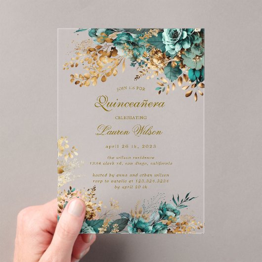 Moody Floral Blauwgroen Quinceañera Acryl Uitnodigingen (Insitu (Draagbaar))