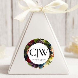 Moody Floral Bourgogne Bruiloft Monogram Ronde Sticker