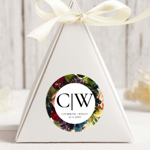 Moody Floral Bourgogne Bruiloft Monogram Ronde Sticker