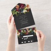 Moody Floral Bourgogne Kalligrafie Bruiloft All In One Uitnodiging (Afscheurbaar)