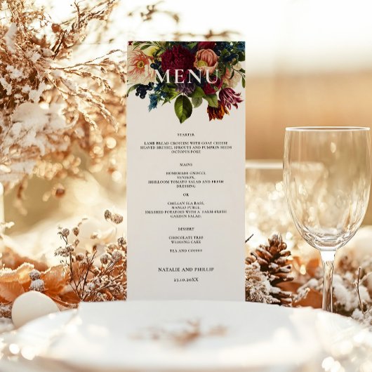 Moody Floral Bourgondië Trouwdiner Menu