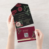 Moody Floral Bourgondië Zwart Bruiloft All In One Uitnodiging (Afscheurbaar)