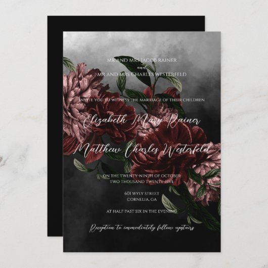 Moody Floral bruiloft uitnodiging met QR code (Voorkant / Achterkant)