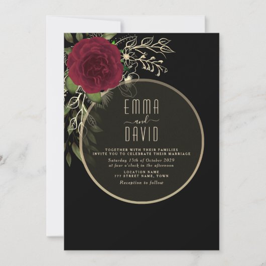 Moody Floral Burgundy and Black Wedding Invitation Kaart (Voorkant)