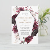 Moody Floral Burgundy & Black Halloween Wedding Kaart (Staand voorkant)