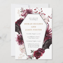 Moody Floral Burgundy & Black Halloween Wedding Kaart