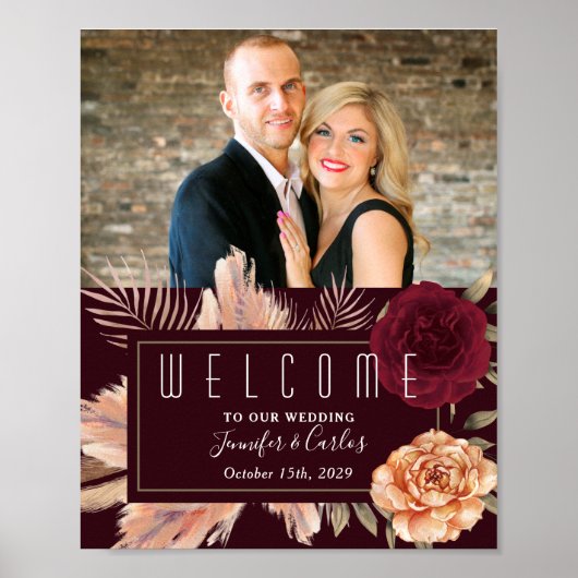 Moody Floral Burgundy Wedding Welcome Poster (Voorkant)