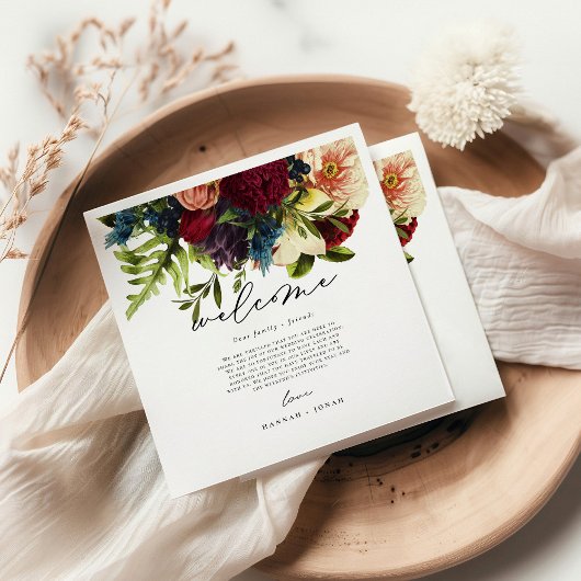 Moody Floral Burgundy Wedding Welcome Servet