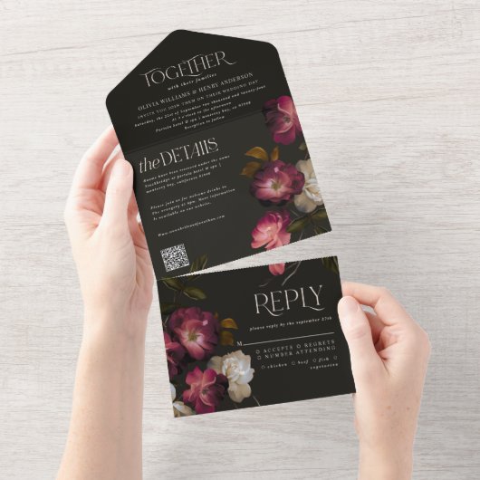 Moody Floral Dark Chic Burgundy Wedding QR Code All In One Uitnodiging (Afscheurbaar)