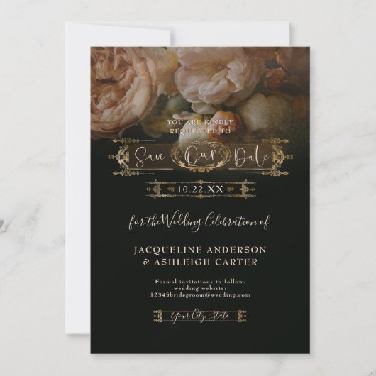 Moody Floral Elegant  Gold Dark Wedding Sav Save The Date (Voorkant)