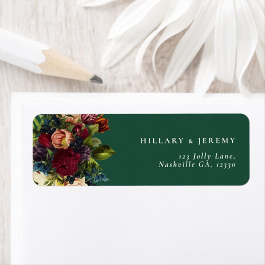 Moody Floral Emerald Wedding Retouradres Etiket (Insitu)