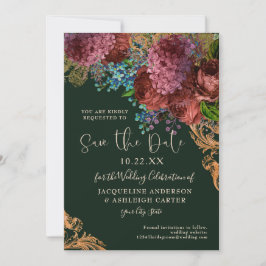 Moody Floral Gold Forest Green Wedding Save The Date