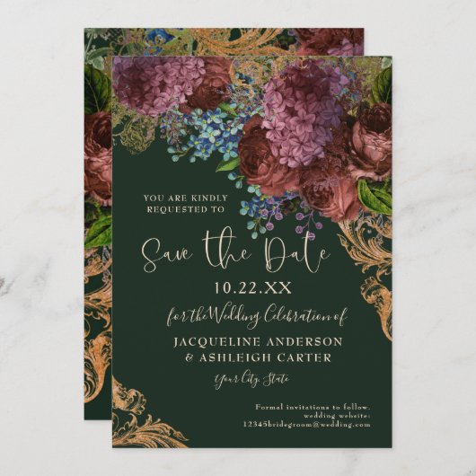 Moody Floral Gold Forest Green Wedding Save The Date (Voorkant / Achterkant)