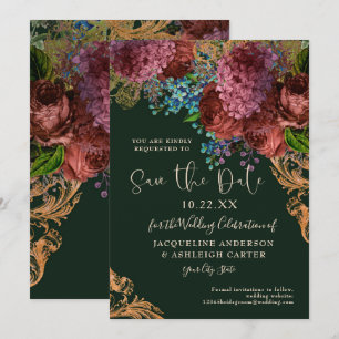 Moody  Floral Gold Forest Green Wedding Save The Date