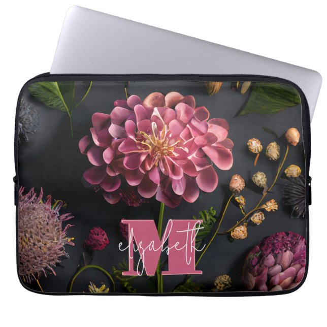 Moody Floral monogram Laptop Sleeve (Voorkant)