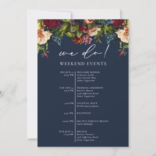 Moody Floral Navy Blue Bruiloft Welkomsttas kaart (Achterkant)