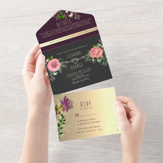 Moody Floral Paars Black Wedding All In One Uitnodiging (Afscheurbaar)
