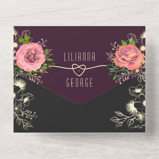 Moody Floral Paars Black Wedding All In One Uitnodiging (Achterkant)