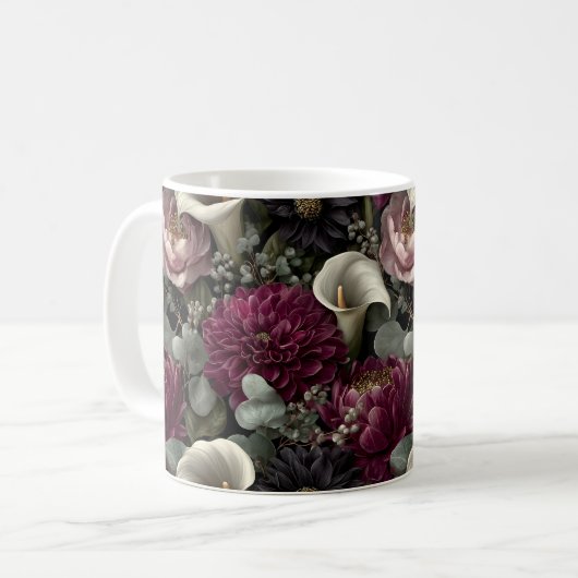 Moody Floral Pattern with Dahlias and Calla Lilies Koffiemok (Voorkant links)