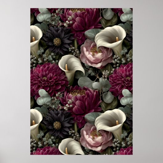 Moody Floral Pattern with Dahlias and Calla Lilies Poster (Voorkant)
