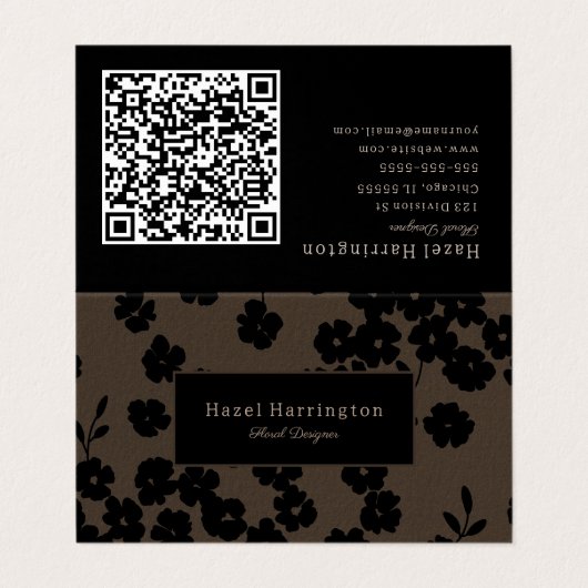Moody Floral QR Code Gevouwen Visitekaartje Bloeme (Buitenkant ongevouwen)