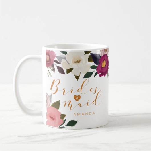 Moody Floral Waterverf Bruidsmeisje Monogram Koffiemok (Links)