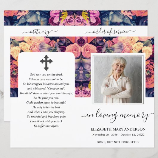 Moody Floral Waterverf Foto Begrafenisprogramma (Voorkant / Achterkant)