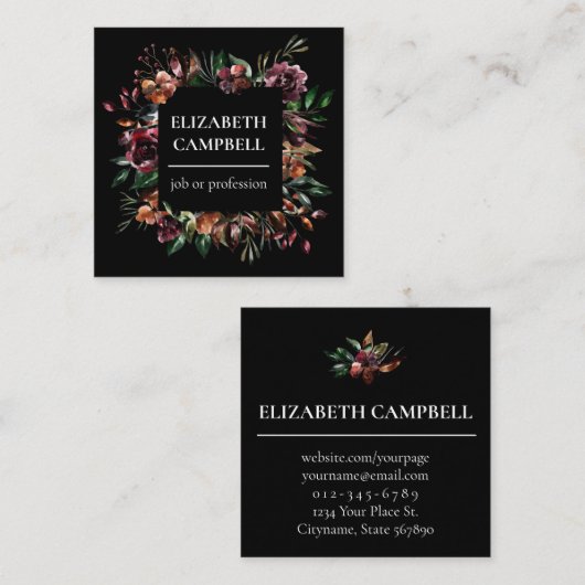 Moody Floral Waterverf | Zwart Vierkante Visitekaartje (Voorkant / Achterkant)
