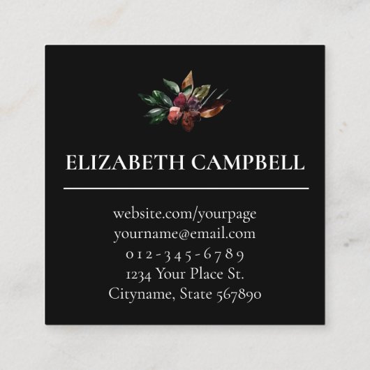 Moody Floral Waterverf | Zwart Vierkante Visitekaartje (Achterkant)