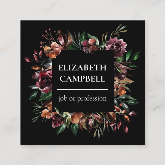 Moody Floral Waterverf | Zwart Vierkante Visitekaartje (Voorkant)