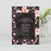 Moody Floral  Zwart + Roze Alle leeftijden Verjaar Kaart (Staand voorkant)