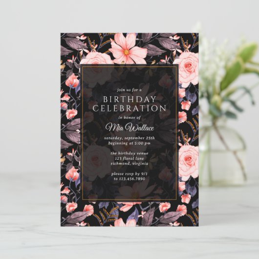 Moody Floral  Zwart + Roze Alle leeftijden Verjaar Kaart (Staand voorkant)