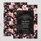 Moody Floral  Zwart + Roze Alle leeftijden Verjaar Kaart (Voorkant / Achterkant)
