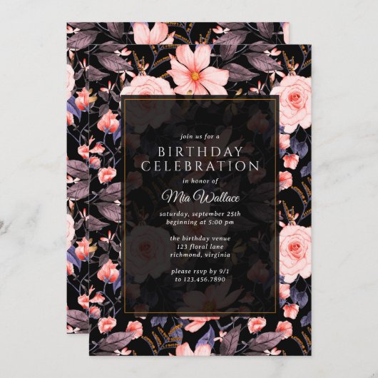 Moody Floral  Zwart + Roze Alle leeftijden Verjaar Kaart (Voorkant / Achterkant)