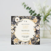 Moody Floral Zwart Wit & Goud Bruiloft uitnodiging (Staand voorkant)