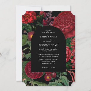 Moody Florals Black Arch Burgundy Red Wedding Kaart