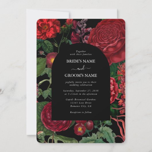 Moody Florals Black Arch Burgundy Red Wedding Kaart (Voorkant)