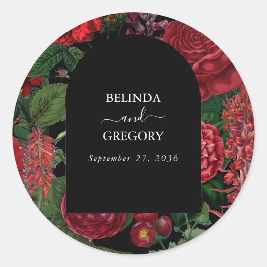 Moody Florals Black Arch Burgundy Red Wedding Ronde Sticker (Voorkant)